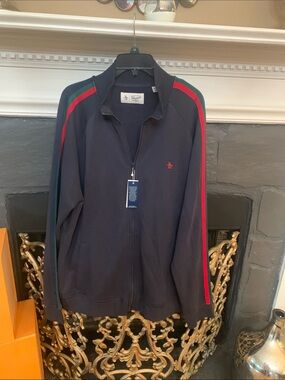 Original Penguin Navy Zip Track Jacket with Red & Green Stripes